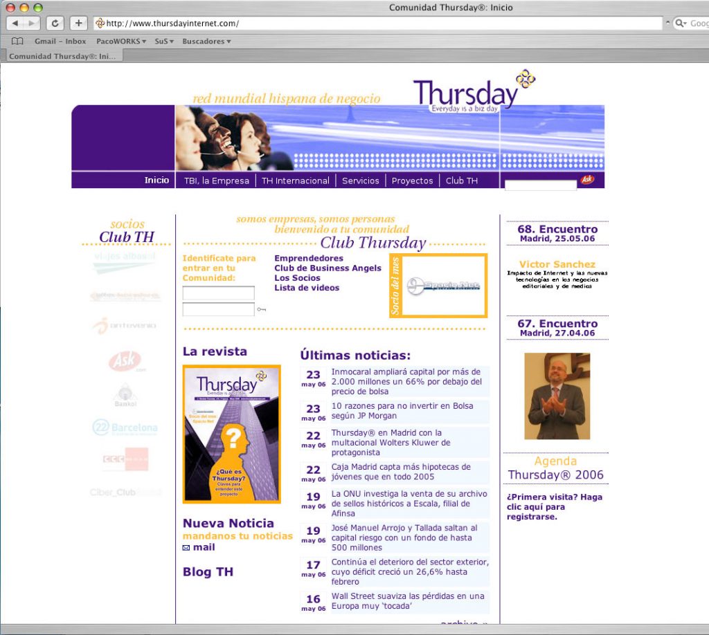 symp: aplicación del logo 'Thursday Internet' a página web y cabecera de revista.