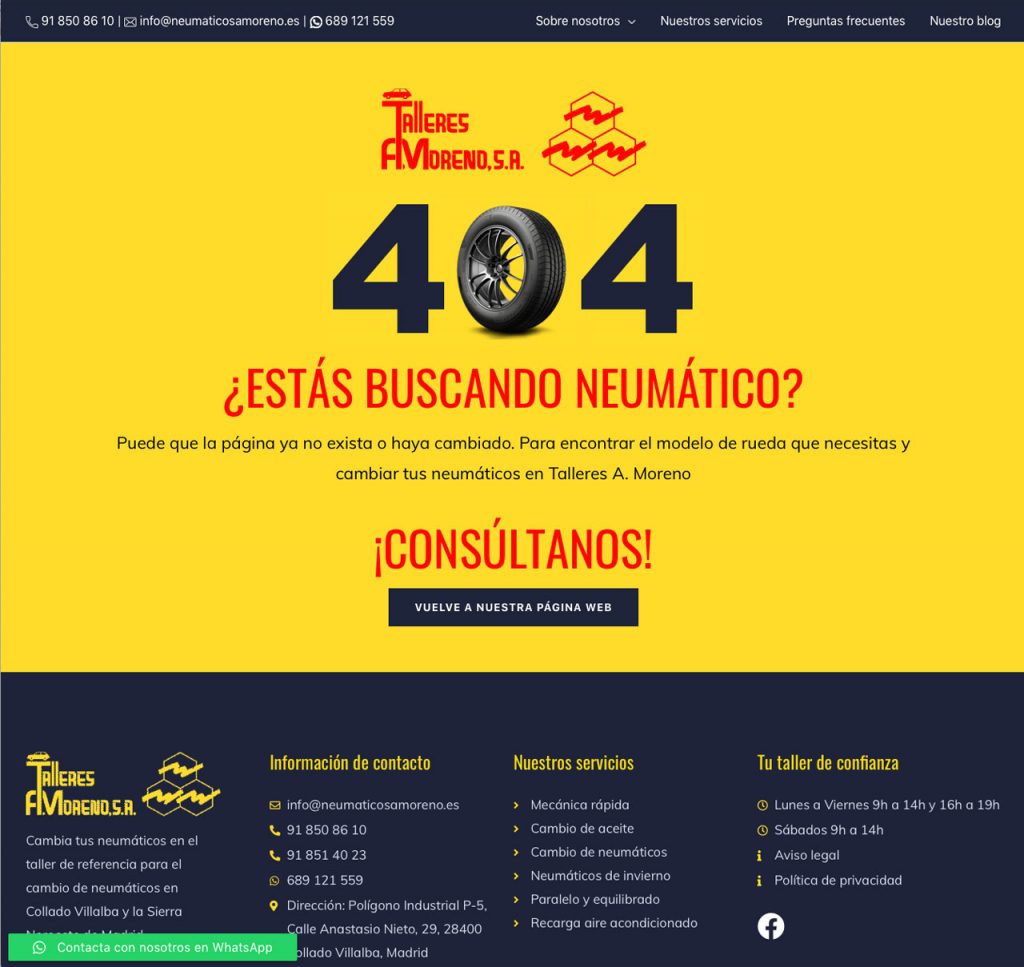 Talleres A. Moreno. Creación y diseño web neumaticosamoreno. Página Error 404.