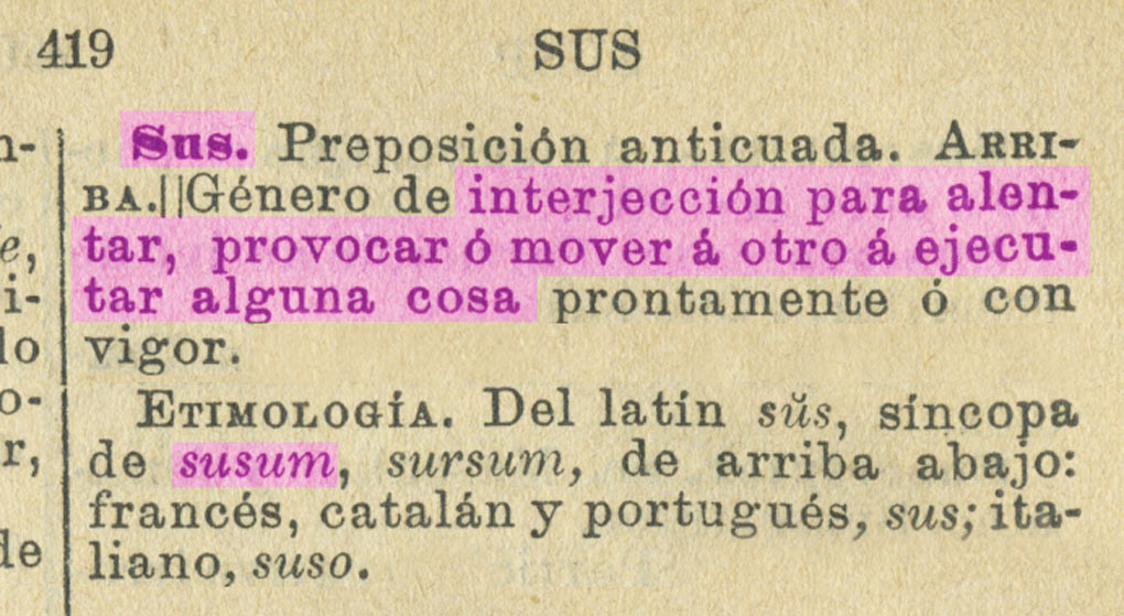Sus: entrada del Diccionario General Etimológico de la Lengua Española, de Eduardo Echegaray. 1898. página 419, tomo V.
