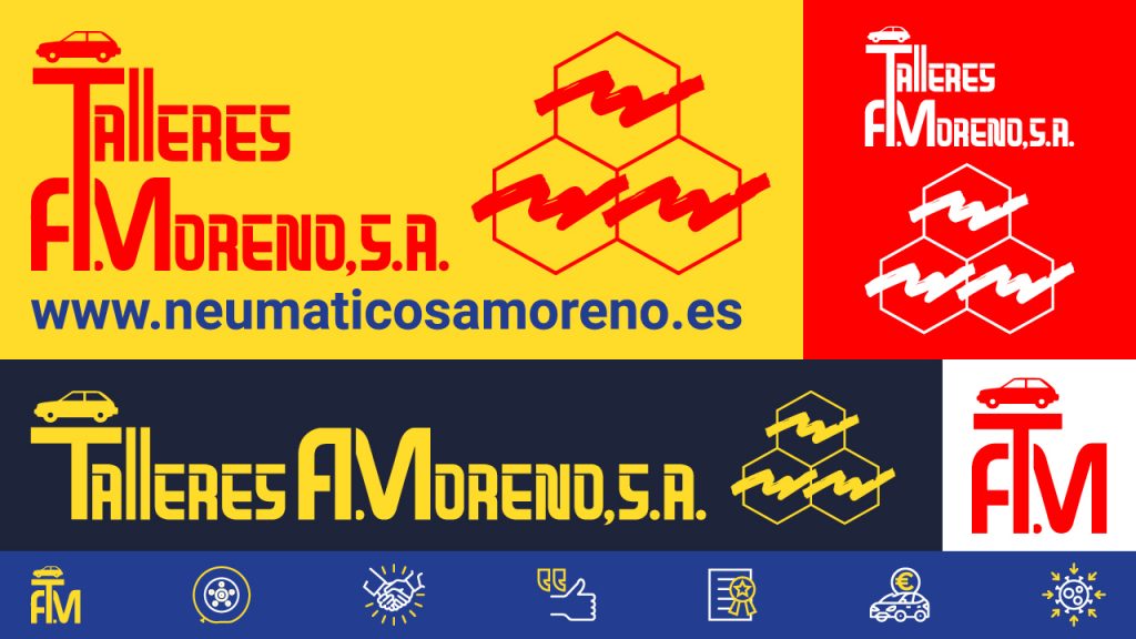Talleres A. Moreno. Creación y diseño web neumaticosamoreno. Aplicaciones del logotipo de Talleres A. Moreno una vez redibujado, carta de colores y muestras de pictogramas.