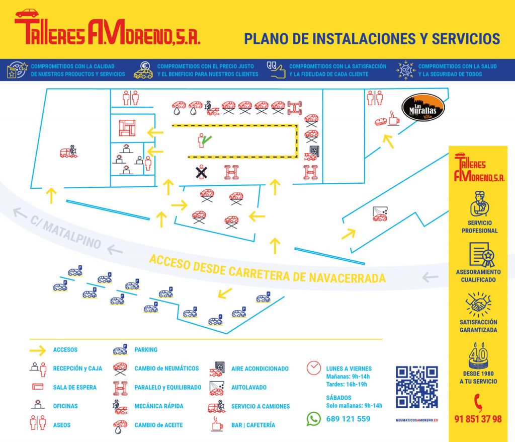 Talleres A. Moreno. Creación y diseño web neumaticosamoreno. Plano de accesos, instalaciones, compromisos y servicios de valor añadido.