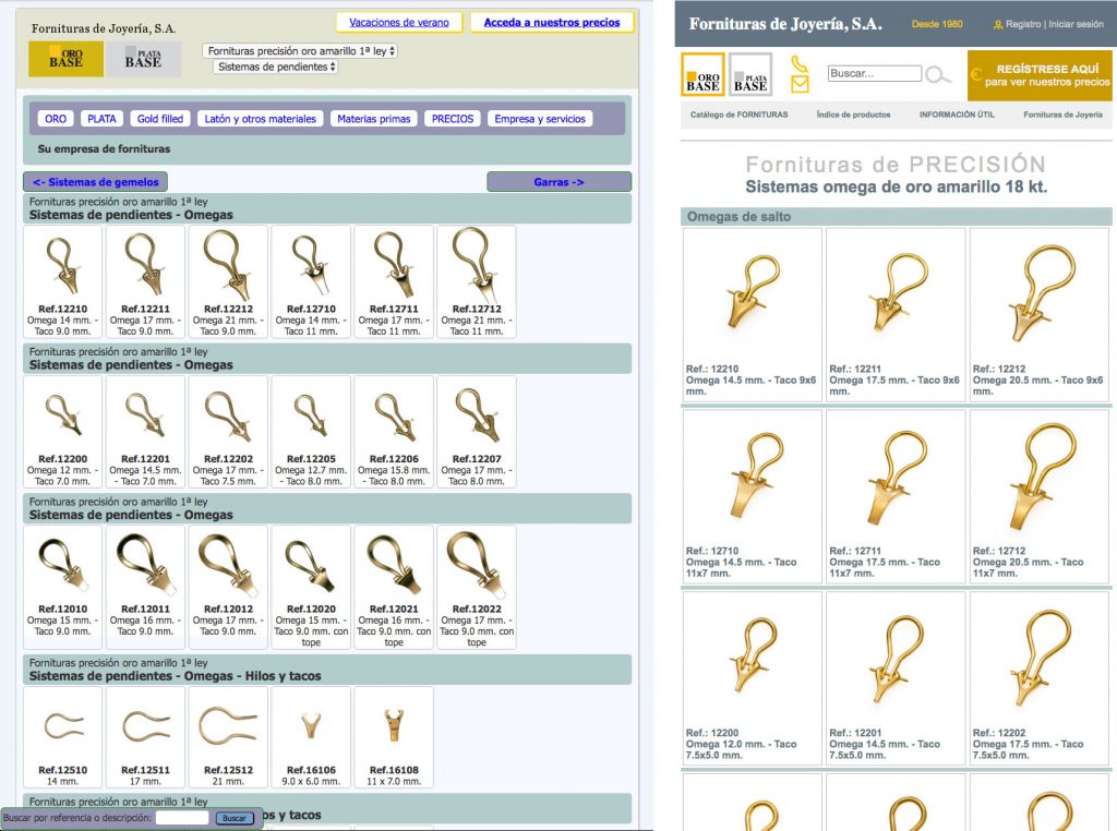 Fornituras de Joyería. Catálogo web: COmparativa web antigua y web rediseñada por symp