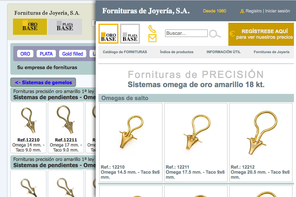 Fornituras de Joyería. Catálogo wComparativa de logotipos Oro Base y Plata Base antes y despues del rediseño