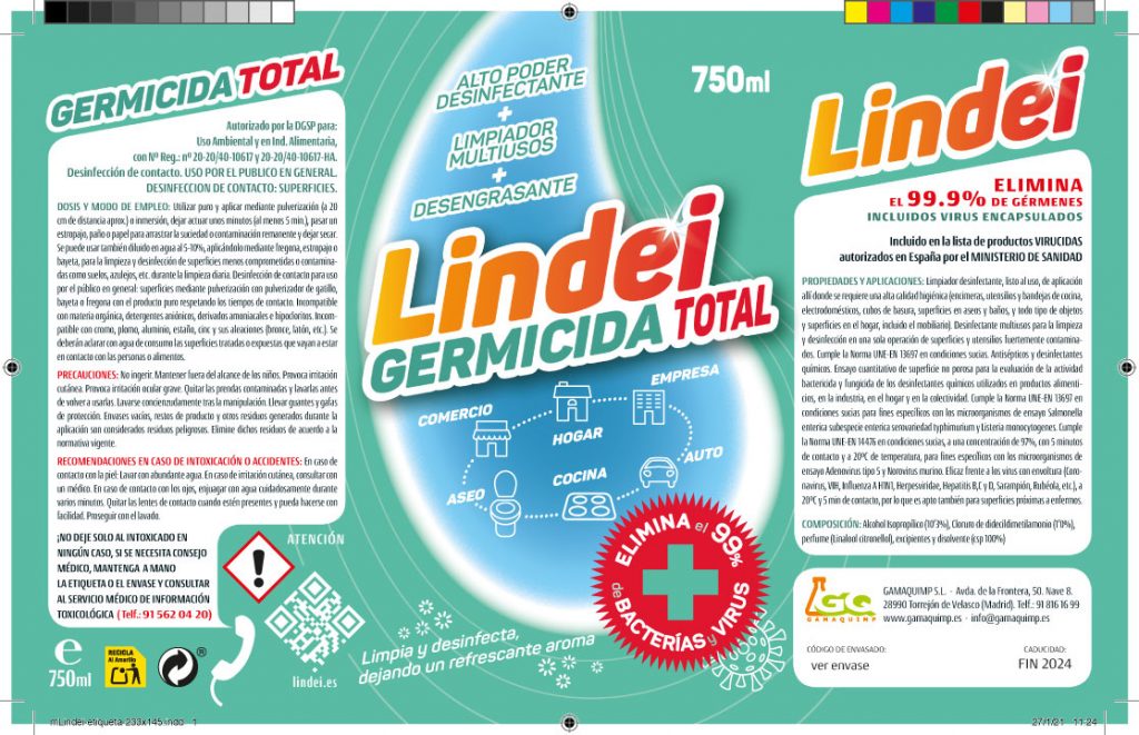 Arte final de etiquetado para Lindei Germicida Total, el virucida multiusos