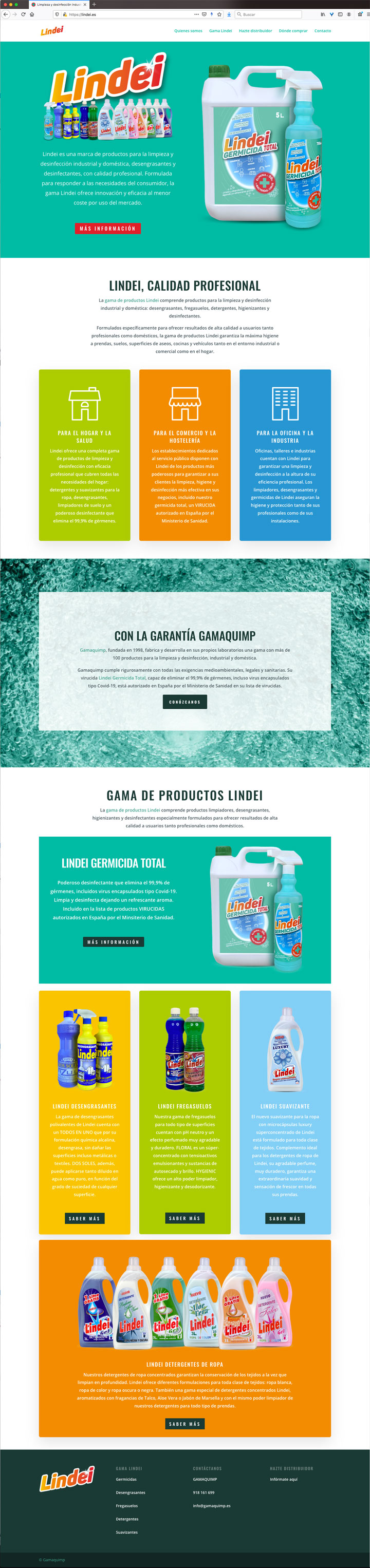 symp para Gamaquimp. Packaging Lindei y diseño web Lindei germicida total. Diseño de marca, etiquetado de envases y landing page en WordPress para virucida y desinfectante multiusos.