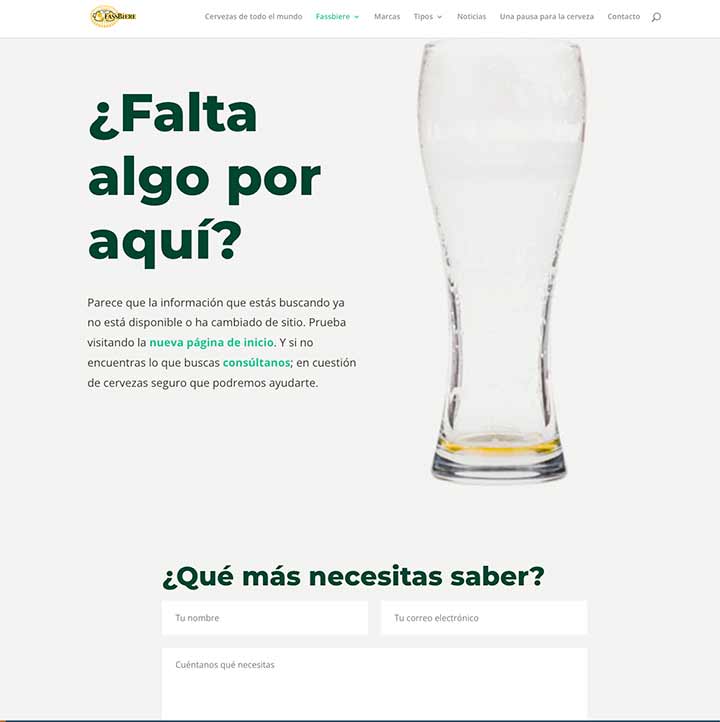 Página de error 404 para el sitio web de Fassbiere.com