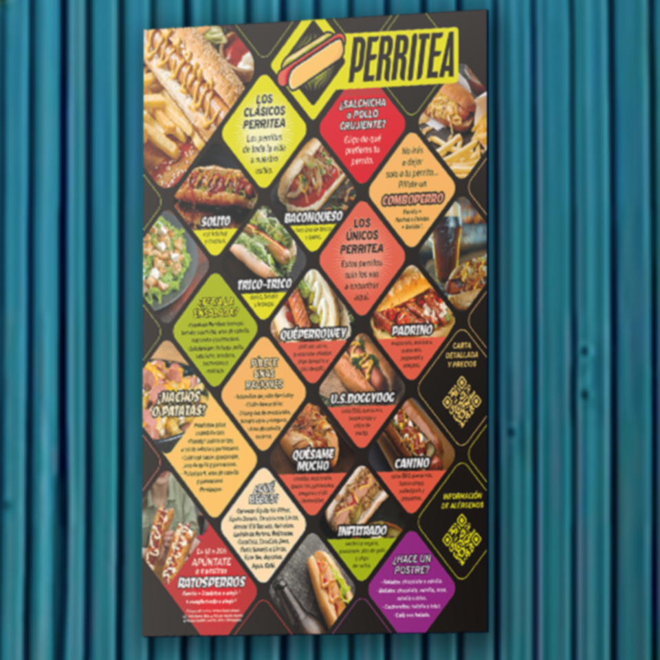 Perritea. Creatividad para Cartel-menú de marca de perritos calientes en Westfield Parquesur. Naming y branding: Paco Marín, symp.