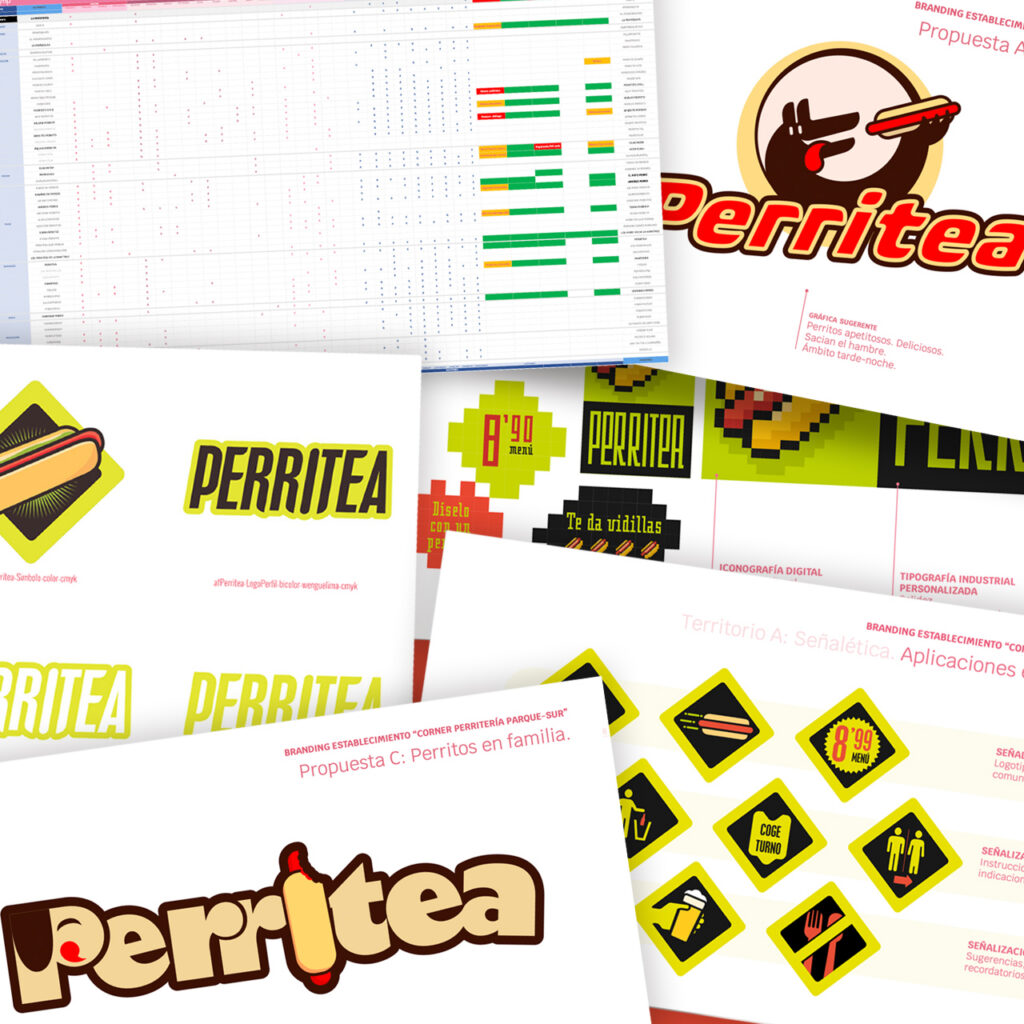 Perritea. Estudios preliminares de naming y branding para marca de perritos calientes en Westfield Parquesur. Paco Marín, symp.