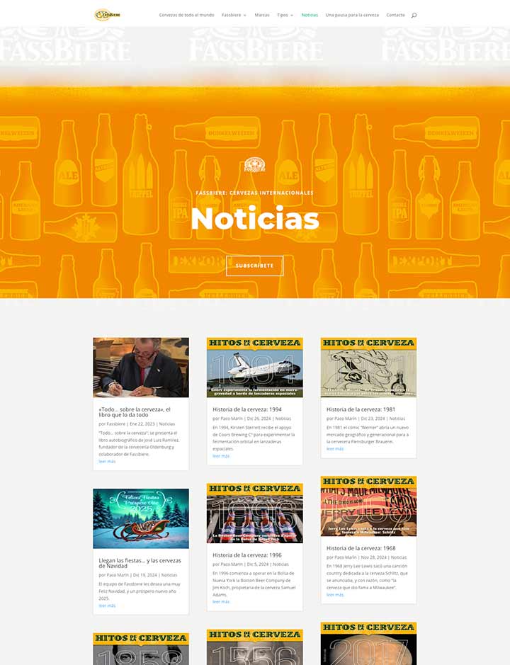 Diseño, redacción creativa y contenidos para el sitio web de Fassbiere: página menú posts sobre noticias e hitos cerveceros