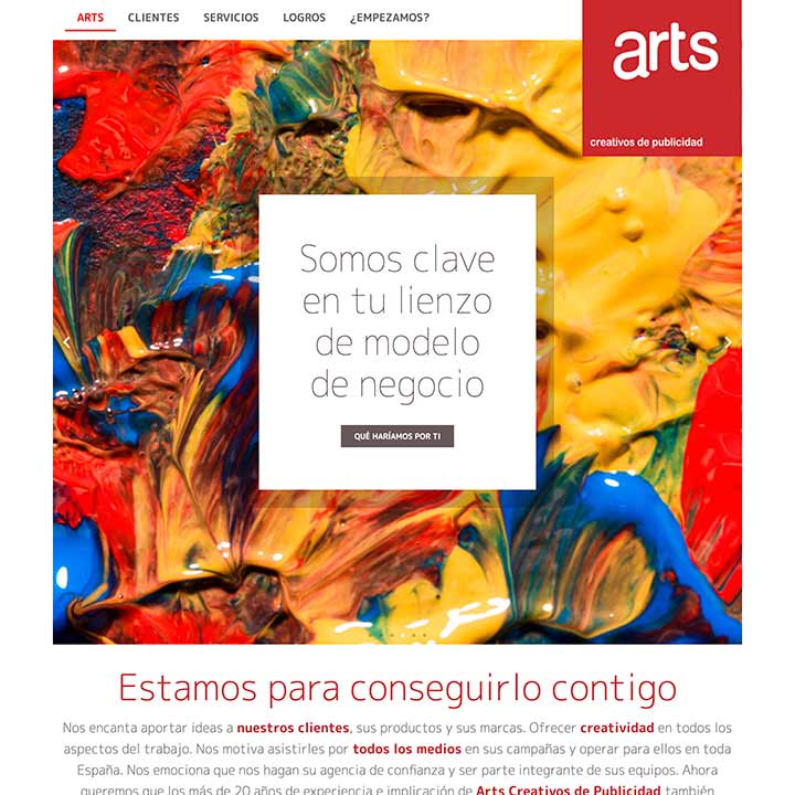 Creatividad, dirección de arte, diseño gráfico y redacción para el website de Arts Creativos de Publicidad
