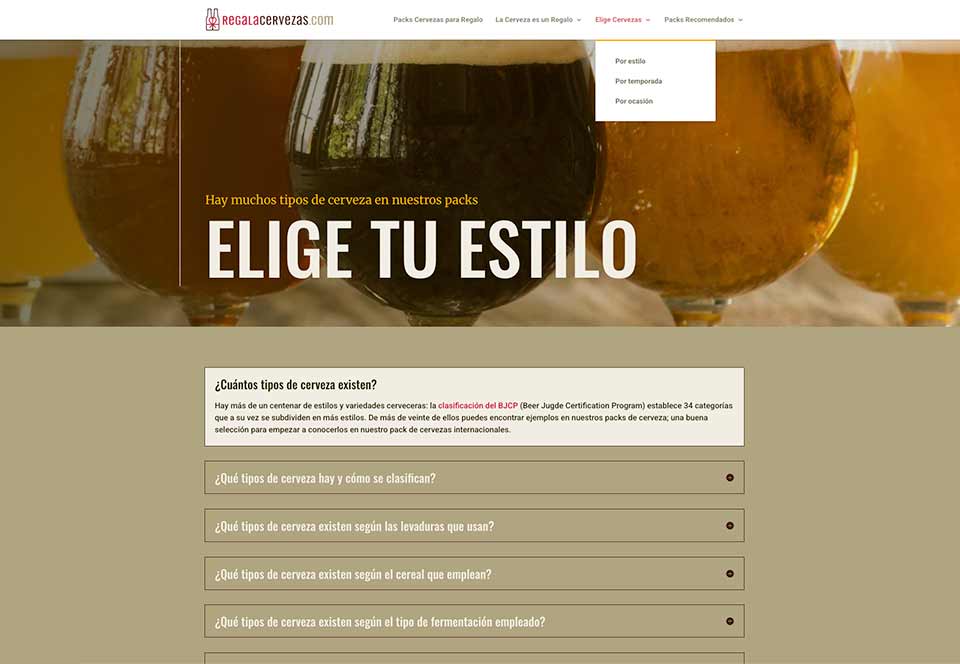 Creación, redacción y diseño en WordPress para regalacervezas.com; sitio web de pack cerveceros.