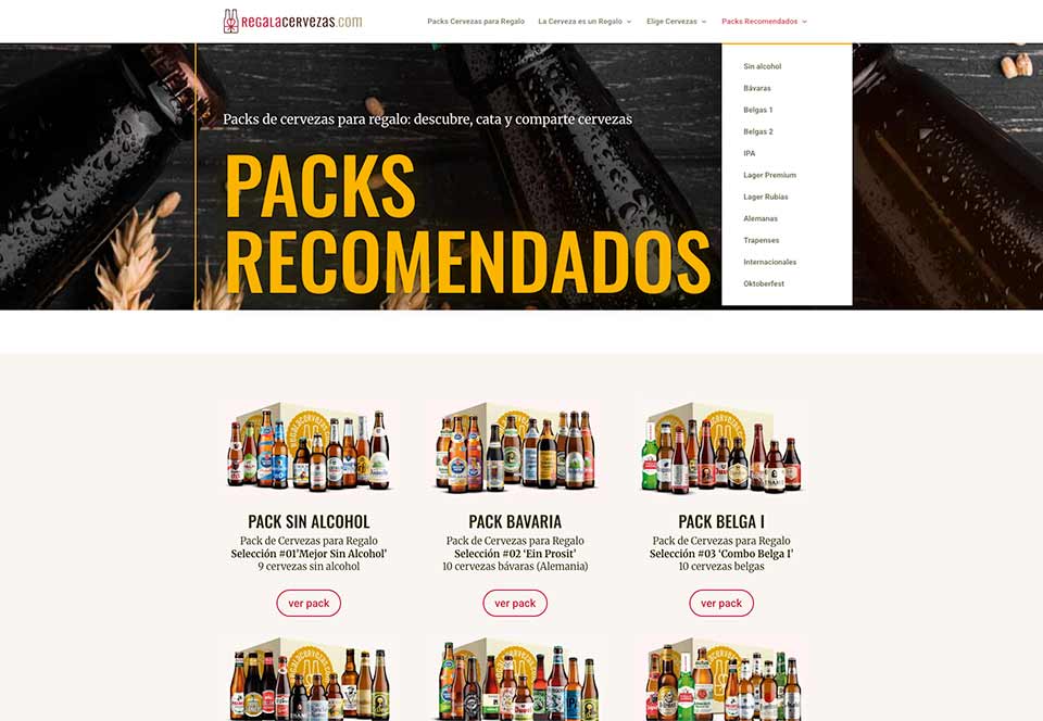 Creación, redacción y diseño en WordPress para regalacervezas.com; sitio web de pack cerveceros.